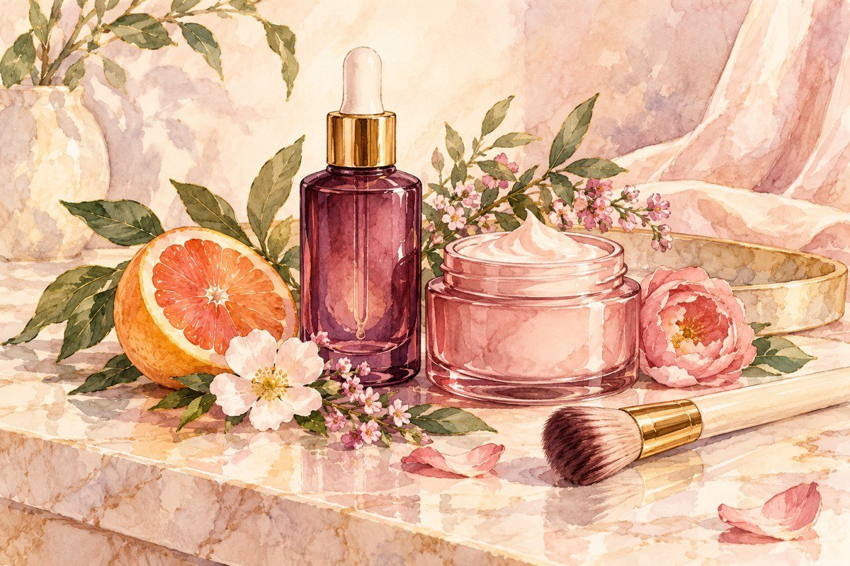 Illustrated skincare bottles, moisturizer and botanicals